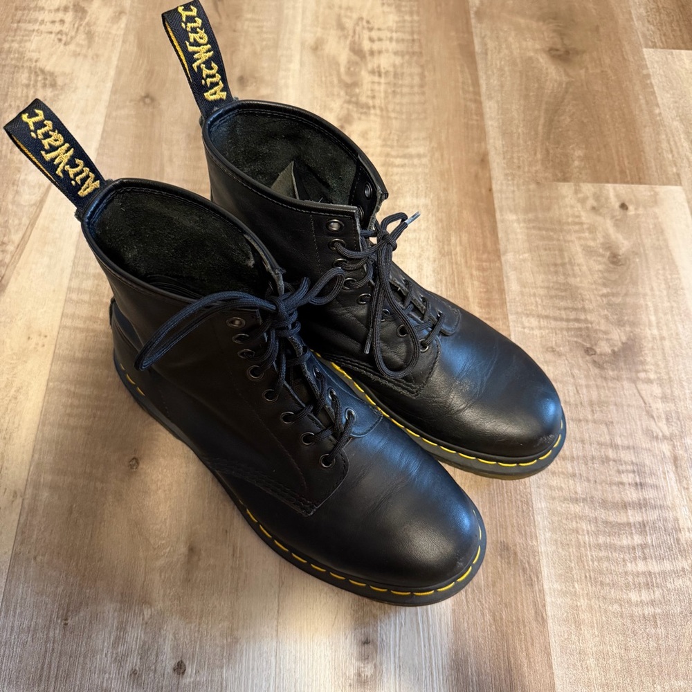 Dr. Martens Black Leather Lace-Up Boots with Yellow Stitching